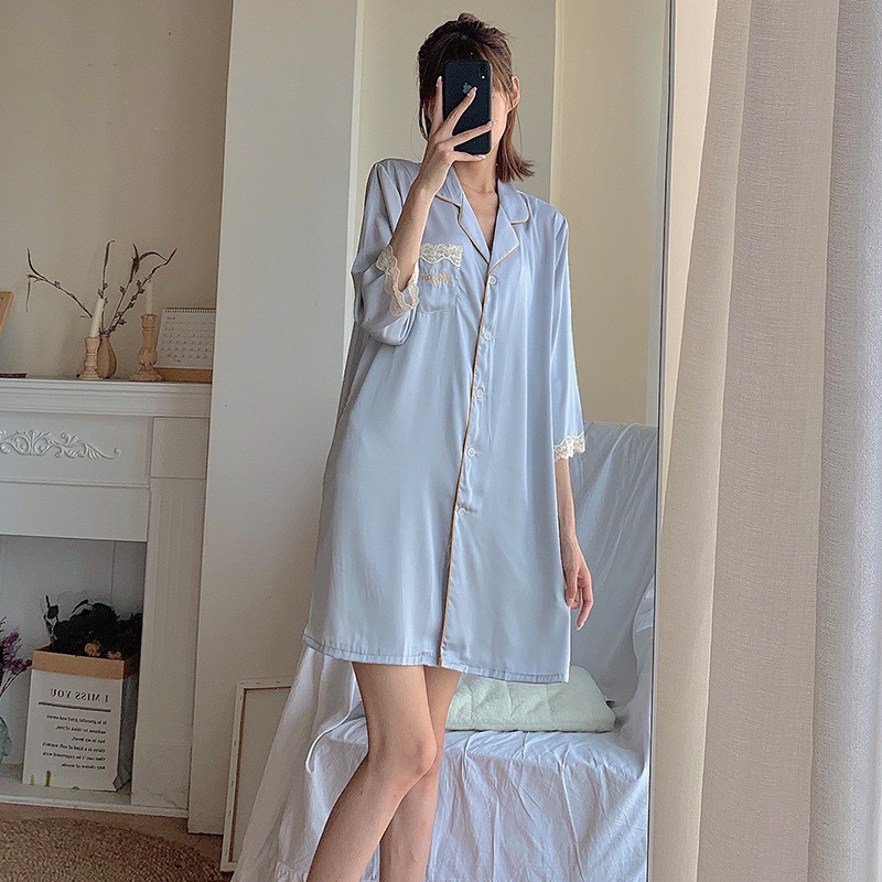 抖音花边睡衣女士夏季冰丝薄款大码睡裙仿真丝绸家居服公主风020