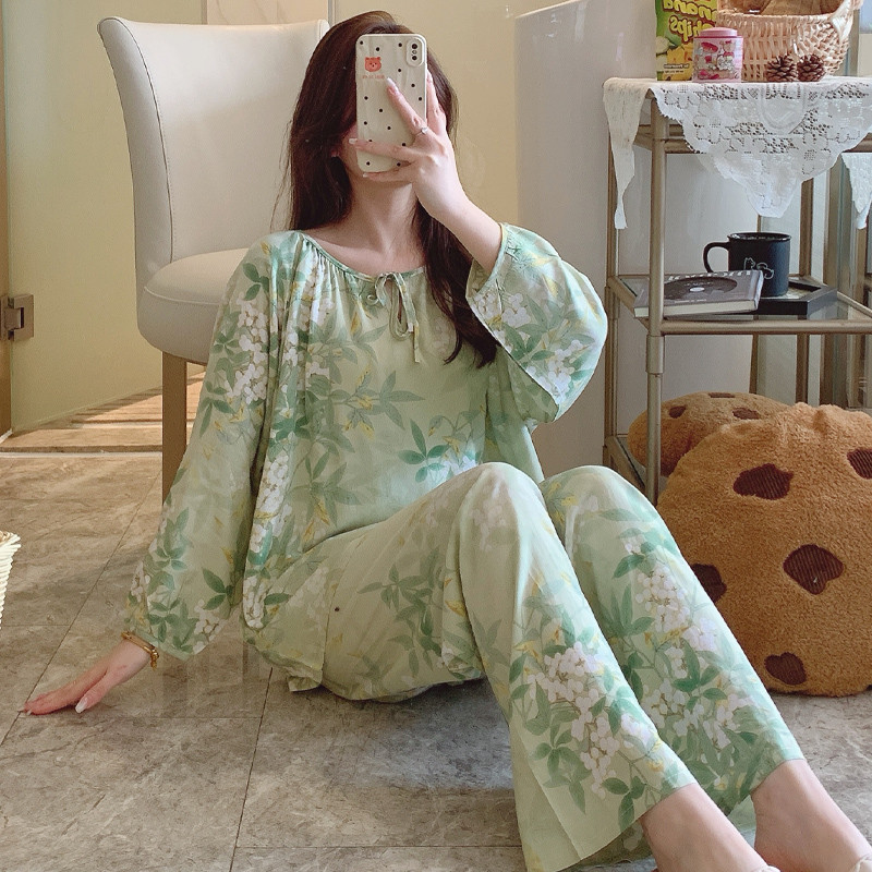 新品绵绸睡衣女夏季春秋长袖长裤两件套棉绸夏天家居服套装可外穿