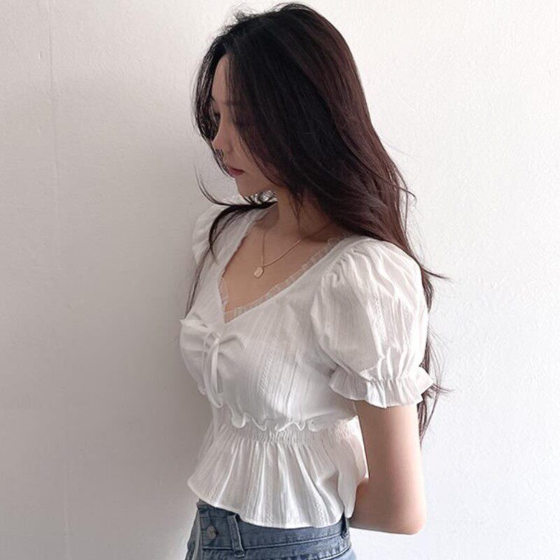 韩国ins夏季法式设计感褶皱收腰显瘦泡泡袖短款衬衫女潮
