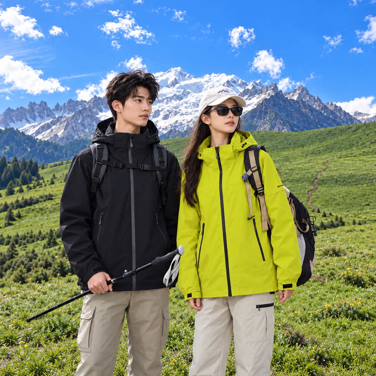 山系户外情侣冲锋衣男女同款帽子可拆卸防水防风专业压胶登山徒步