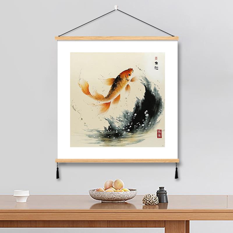 鲤鱼图新中式挂画布艺术水墨锦鲤好运客厅卧室餐厅装饰画墙壁背景图片