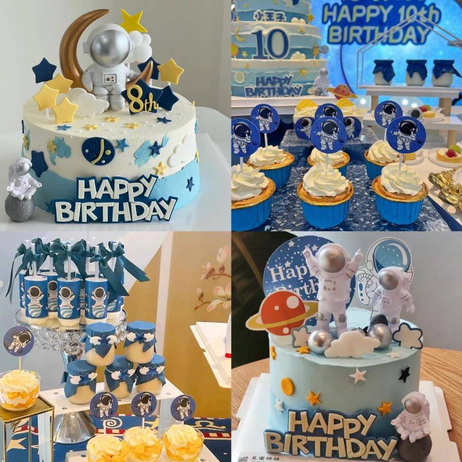 银色月亮宇航员蛋糕装饰摆件星星星球宇宙飞船系列航天男孩甜品台