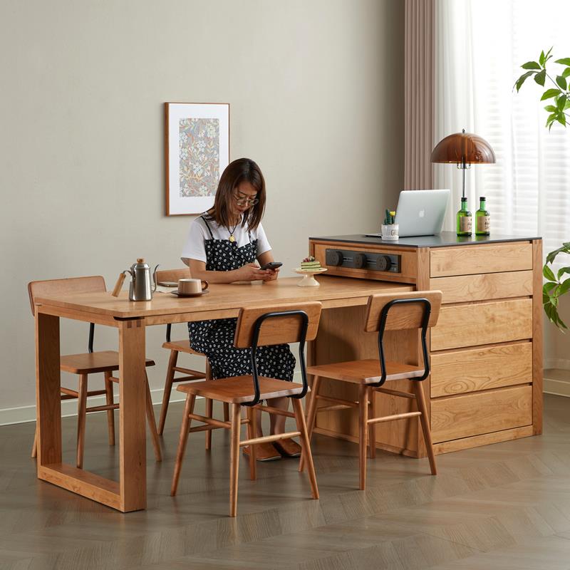 实木岛台餐桌一体樱桃木餐厅简约吧台伸缩餐桌原木岩板岛台