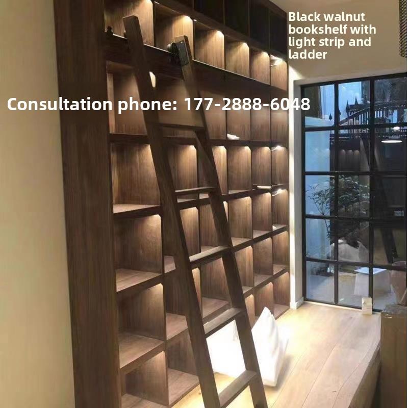 灯带书墙组合黑胡桃木书柜书架纯实木满墙落地书柜滑梯一体书架
