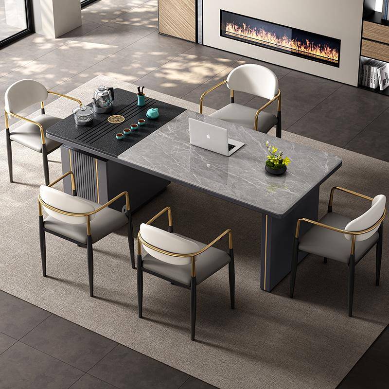 轻奢现代办公茶桌一体办公室岩板茶桌椅组合书桌两用办公桌带茶台