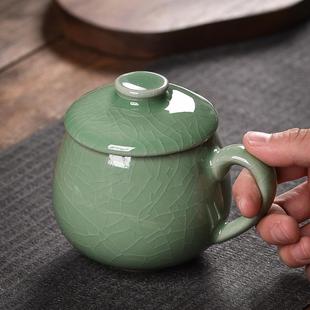 水杯泡茶杯哥窑冰裂办公杯接待专用水杯定制 青瓷茶杯带盖家用个性