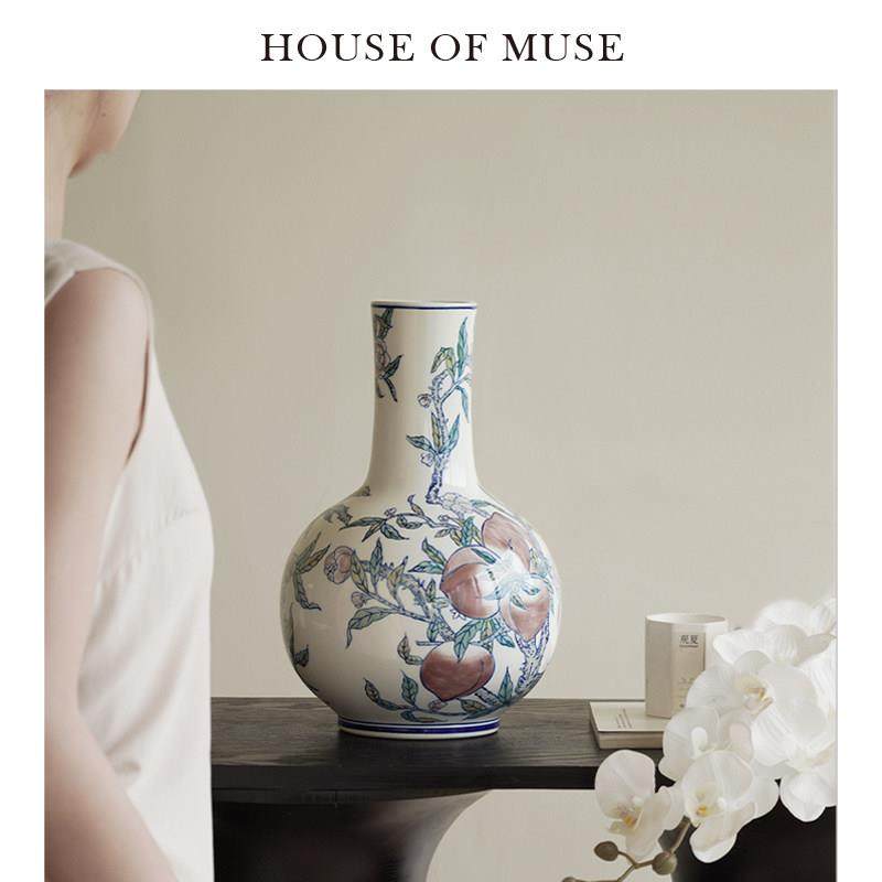 缪斯家 桃蹊 覆古手绘艺术花器陶瓷客厅电视柜新中式花瓶摆件