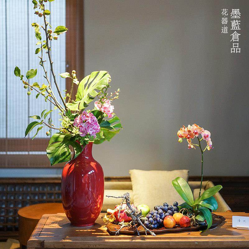 特大陶瓷红色插花花瓶摆件客厅桌面装饰净瓶美人瓶花道插花花器