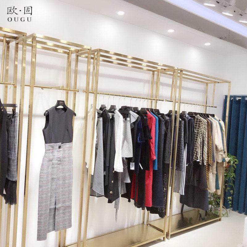 服装店高档婚纱展示架香槟金色定制不锈钢侧挂落地式正挂礼服架子