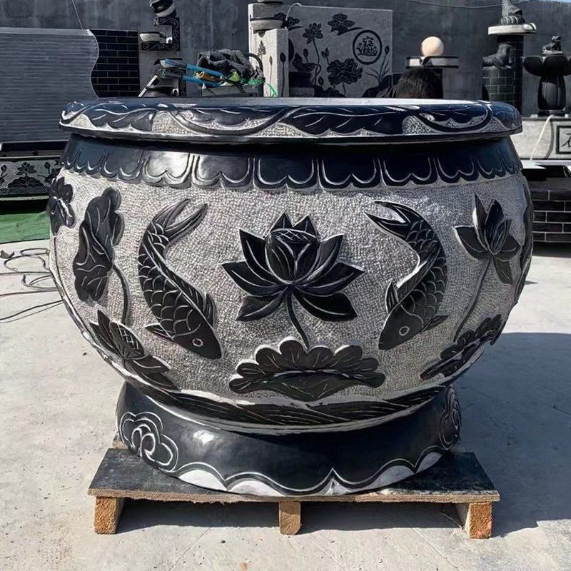青石石雕鱼缸花盆养鱼圆缸户外庭院摆件大理石荷花缸厂家手工雕刻