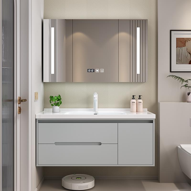 现代简约智能洗手台洗脸盆挂墙式实木浴室柜组合陶瓷一体橡木门板