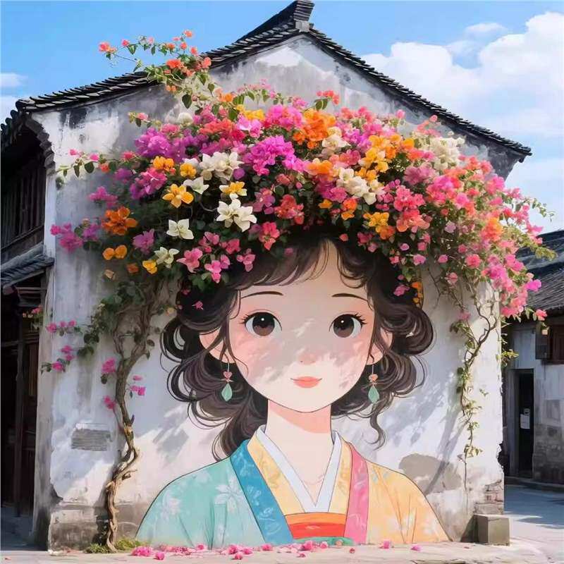 彩绘女孩花艺瀑布墙商场景区公园整体材料包打卡点户外仿真花墙