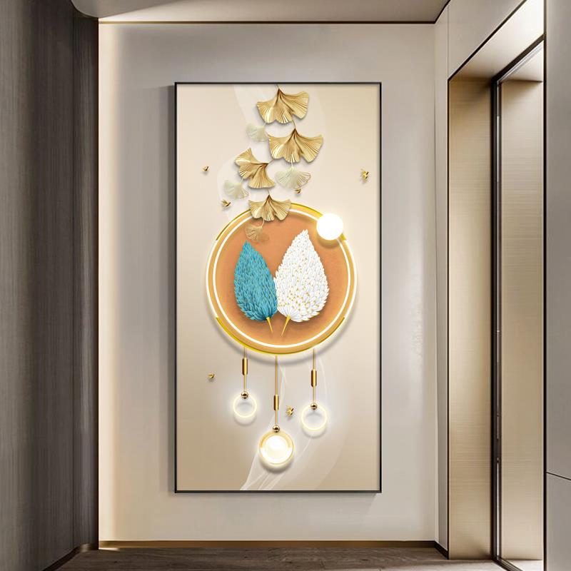 现代抽象几何玄关装饰画竖版入户正对门挂画走廊过道简约羽毛壁画图片