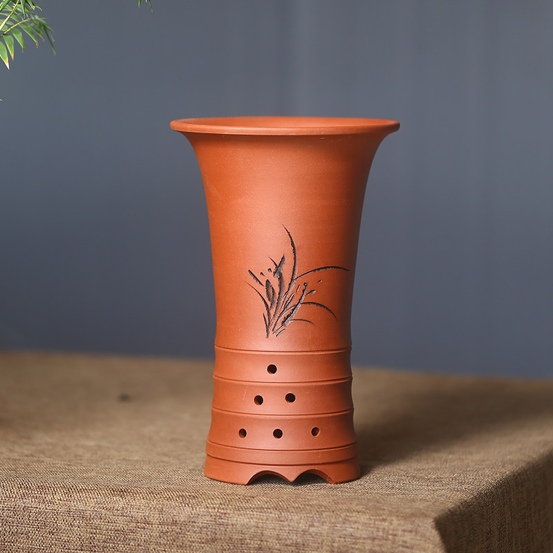 宜兴紫砂花盆兰花盆原矿手工桌面地面透气古典陶瓷花盆竹节兰花盆