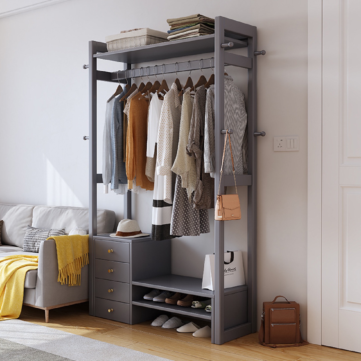 灰色轻奢全实木落地衣帽架卧室鞋架挂衣架一体家用客厅进门置衣架