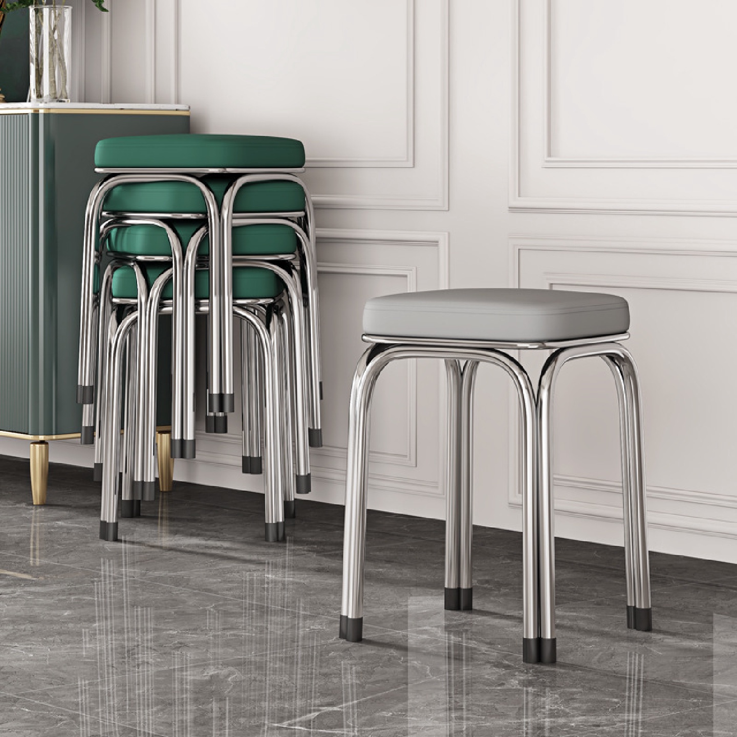 轻奢不锈钢凳子方凳加厚家用可叠放餐桌凳椅现代简约圆凳板凳矮凳