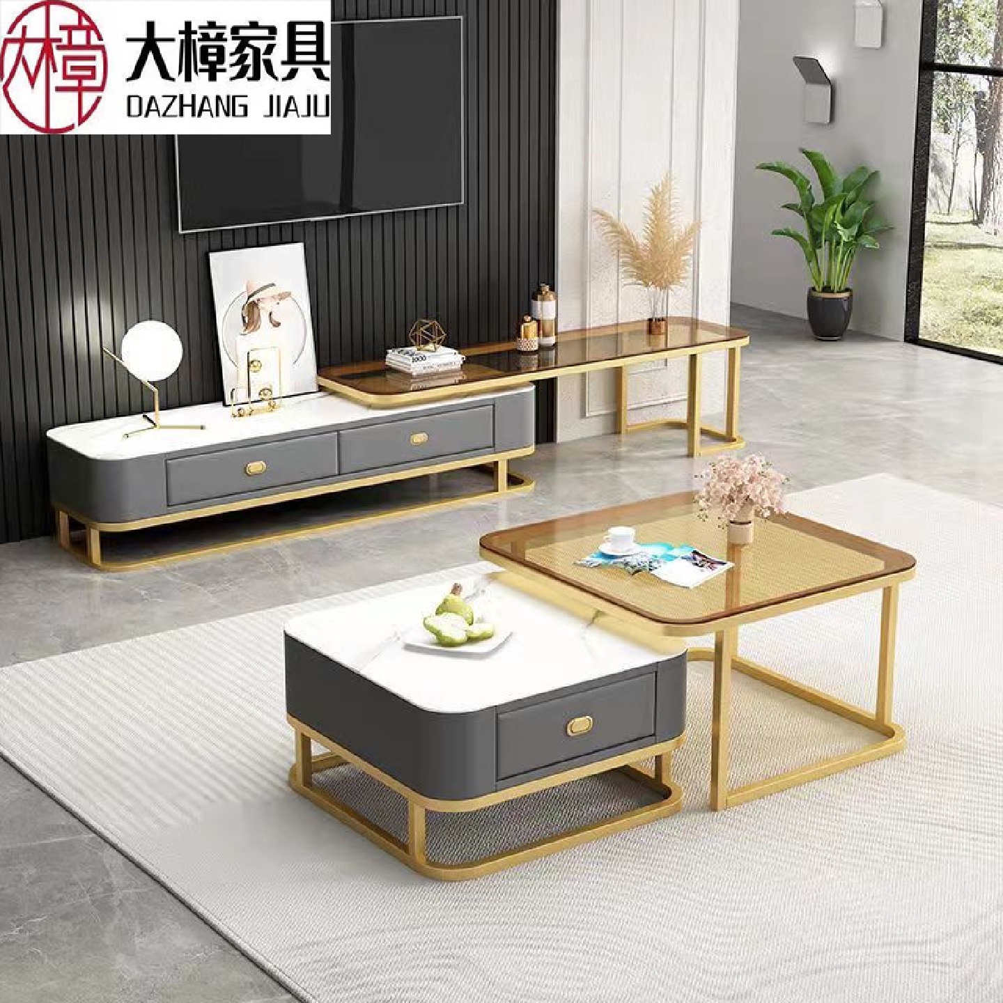 北欧玻璃岩板方形家用客厅茶几铁艺茶桌台轻奢现代公寓小户型组合