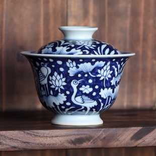 青花盖碗茶杯一鹭莲升不烫手带锡斑仿古瓷中式 手绘元 家用陶瓷茶碗