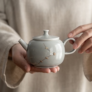 冰灰釉锔钉陶瓷泡茶滤茶器烟灰釉小茶壶单壶 游谷手执壶家用日式