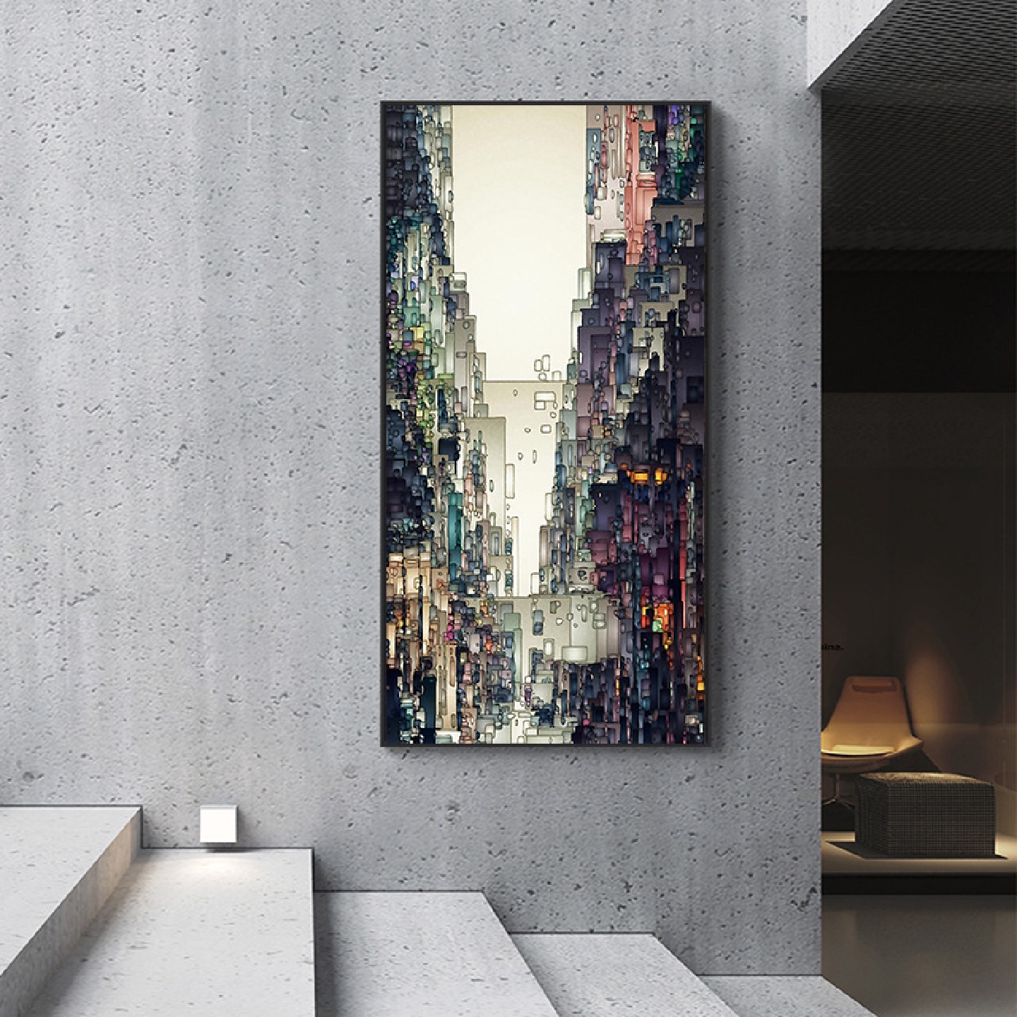 北欧抽象色块简约竖版城市建筑挂画玄关装饰画样板房过道走廊壁画图片