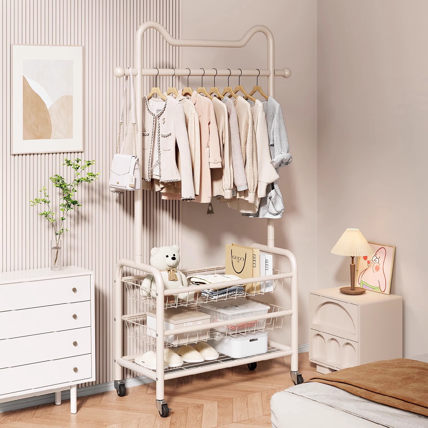 挂衣架家用落地阳台简易晾衣网红可移动带轮三层置物架卧室衣帽架