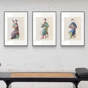 新中式 饰画演奏古代乐器挂画酒店客厅玄关走廊卡纸画 软装 样板房装