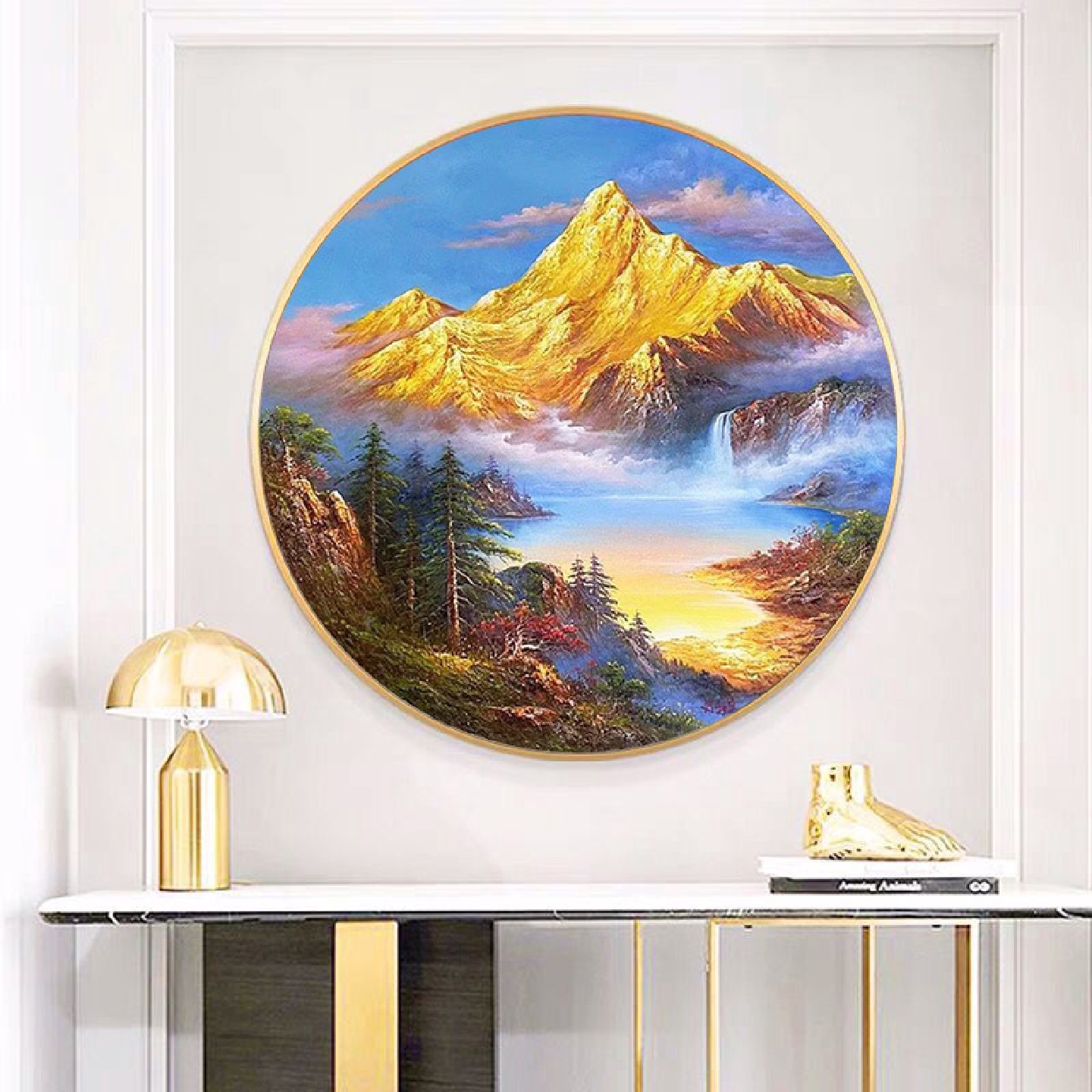 纯手绘油画圆形风景装饰画客厅玄关背有靠山手工绘制日照金山挂画图片