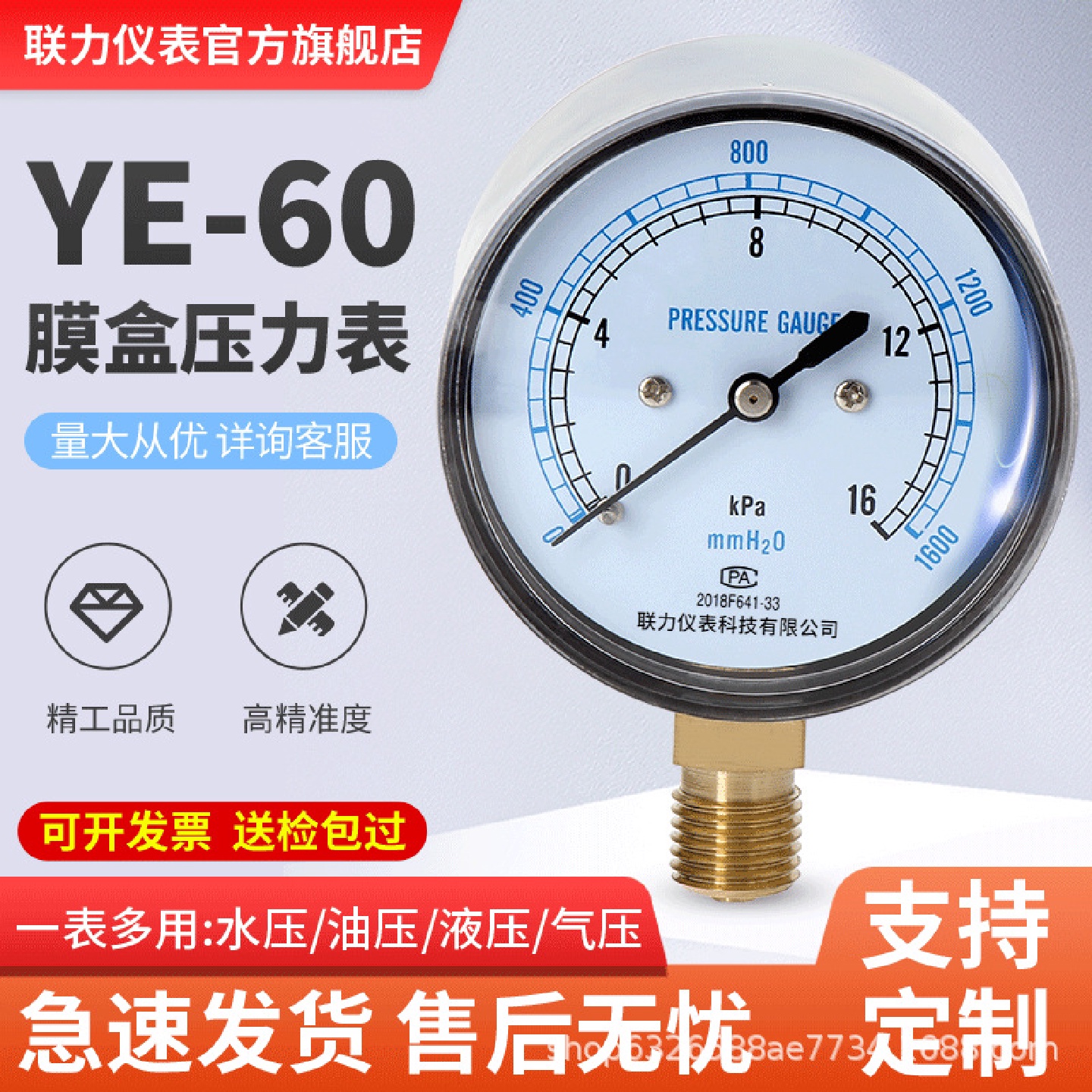 联力YE60膜盒压力表燃烧器燃气表天然气管道微压表负压KPa千帕表
