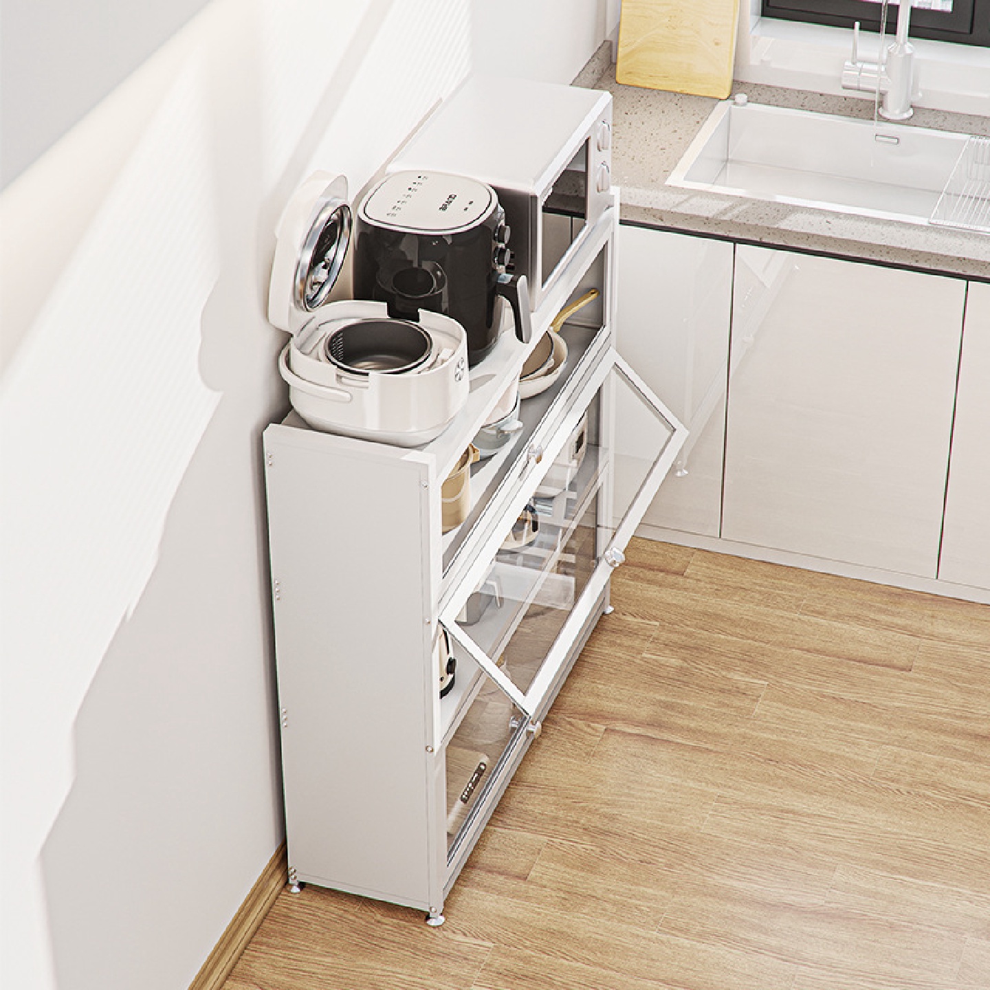 厨房多功能置物架茶水柜窄边客厅整体橱柜小家电靠墙一体极餐柜