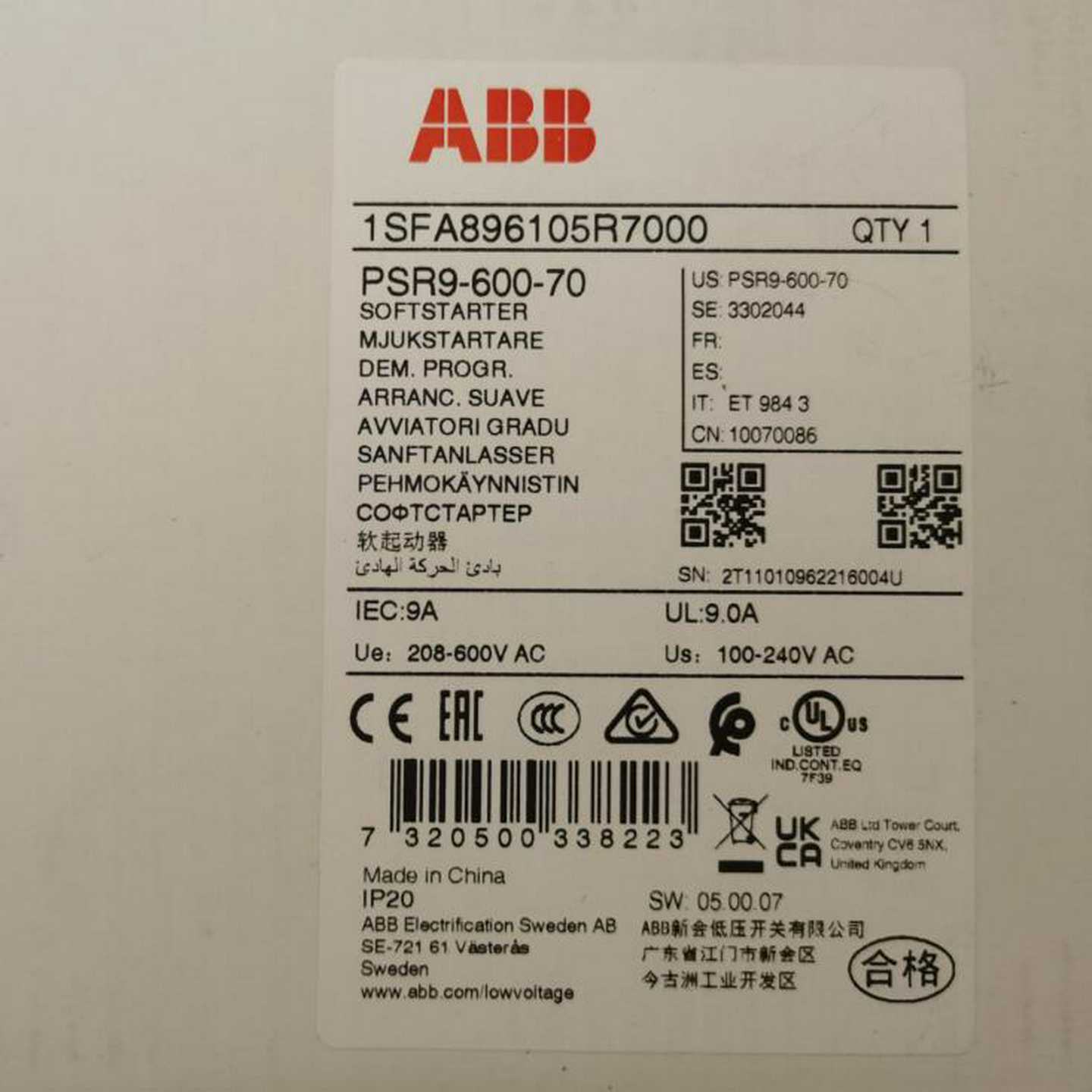 配件原装ABB软启动器   PSR9-600-70   4KW议价