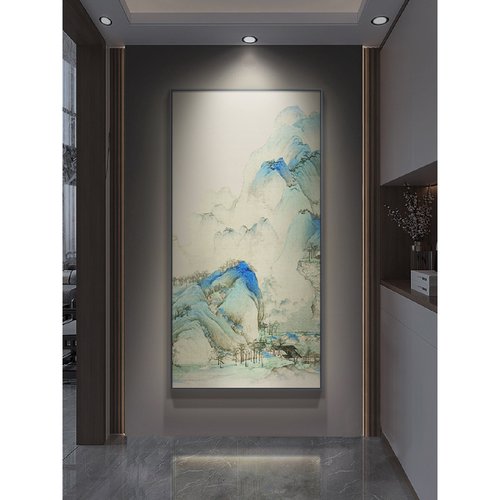 新中式入户玄关装饰画千里江山图竖版山水画楼梯挂画走廊过道壁画