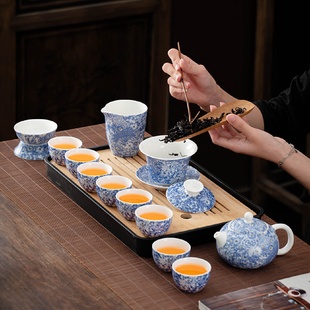 全套家用办公室茶壶茶杯整套茶盘可定印 轻奢复古繁花白瓷茶具套装