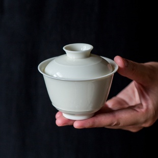 杏白釉手工二才盖碗茶杯防烫家用薄胎单个手抓功夫泡茶碗陶瓷茶具