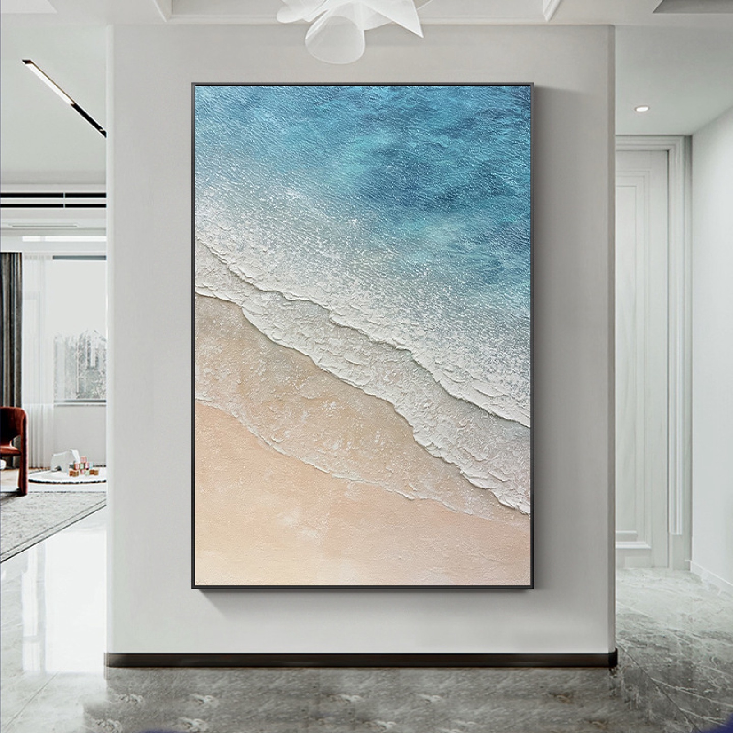 纯手绘油画海浪沙滩抽象装饰画立体肌理画竖版落地玄关客厅墙挂画