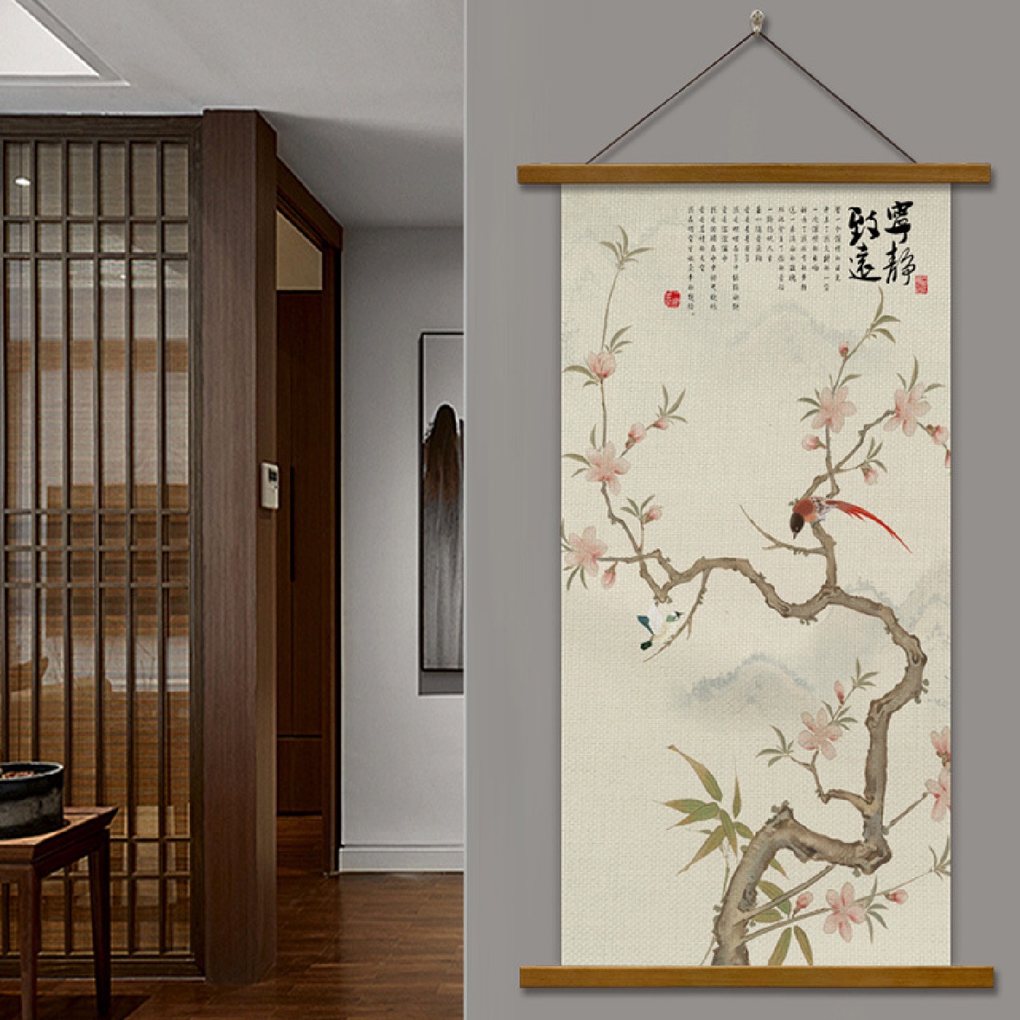 5ZW新中式挂画花鸟喜鹊布艺无框画客厅玄关走廊装饰画竖版风壁画图片