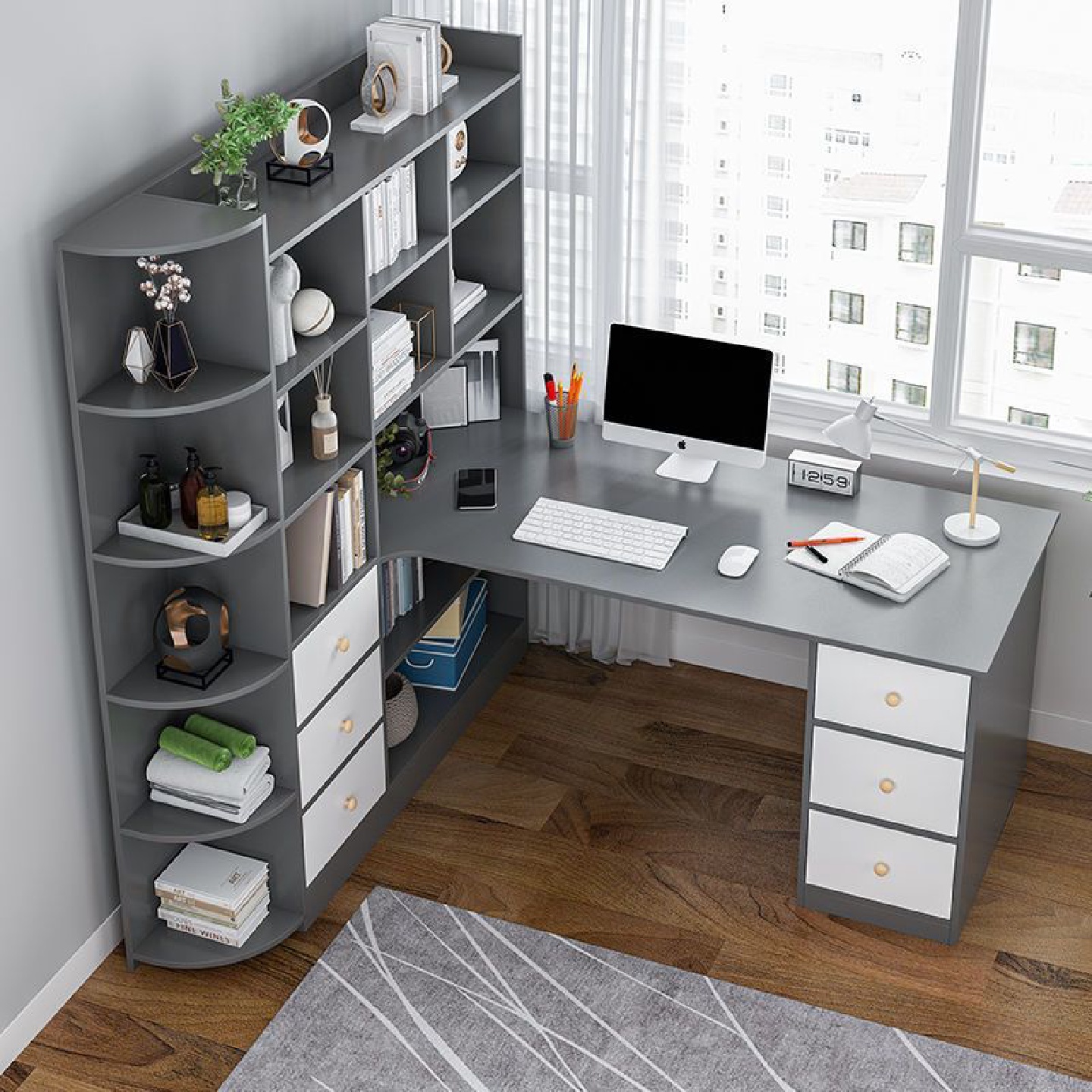 电脑桌台式家用转角书桌书架一体桌卧室学生学习桌子办公桌写字桌