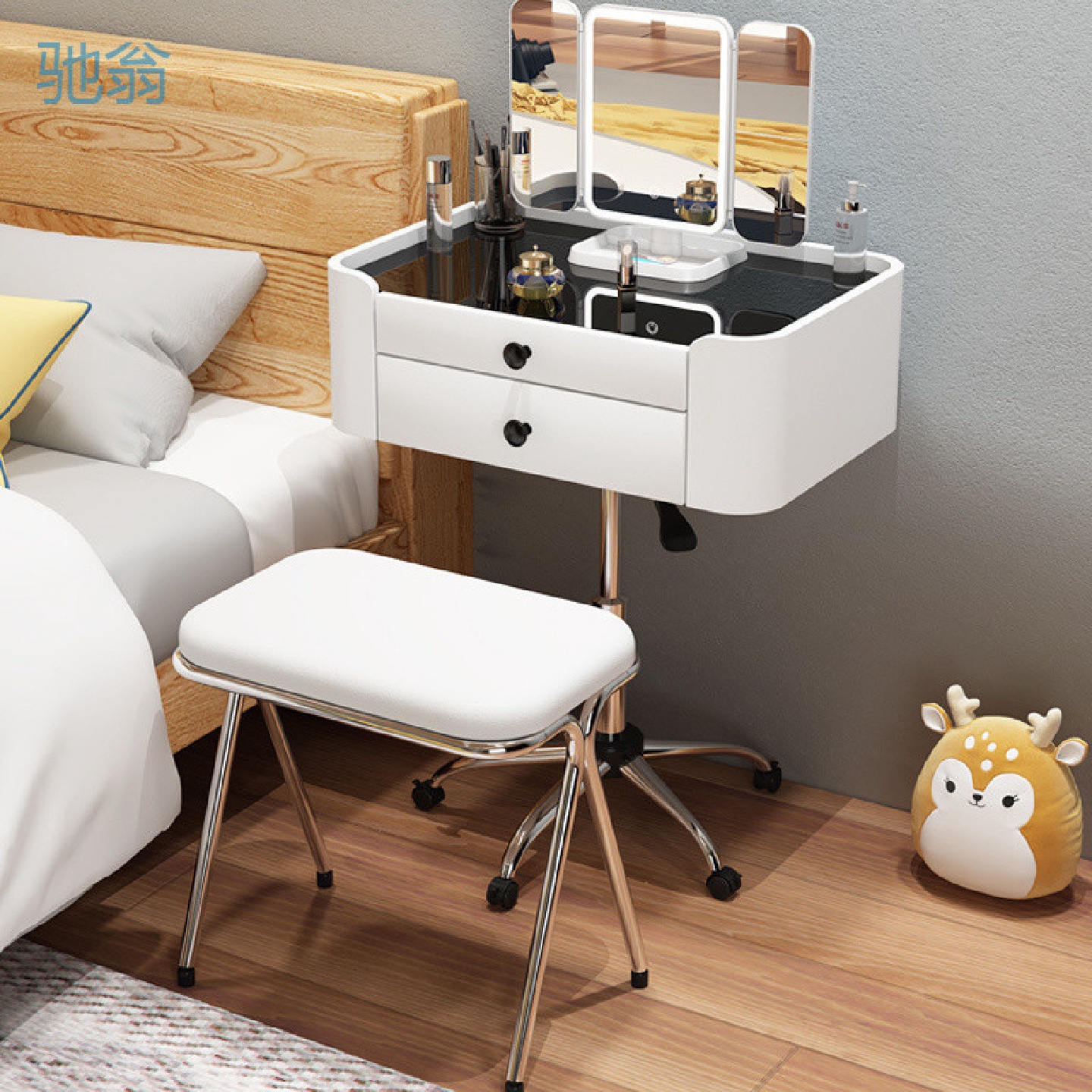 Nkv2024美式小户型智能卧室梳妆台移动现代简约轻奢实木奶油风化