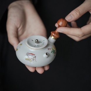 仿古陶瓷侧把壶文人器胡桃木手柄手执小品壶家用泡茶壶茶具