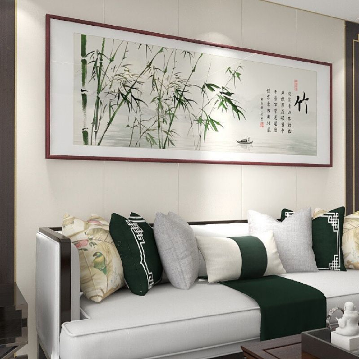 竹子客厅装饰画中式水墨茶室壁画现代简约横版沙发背景墙挂画