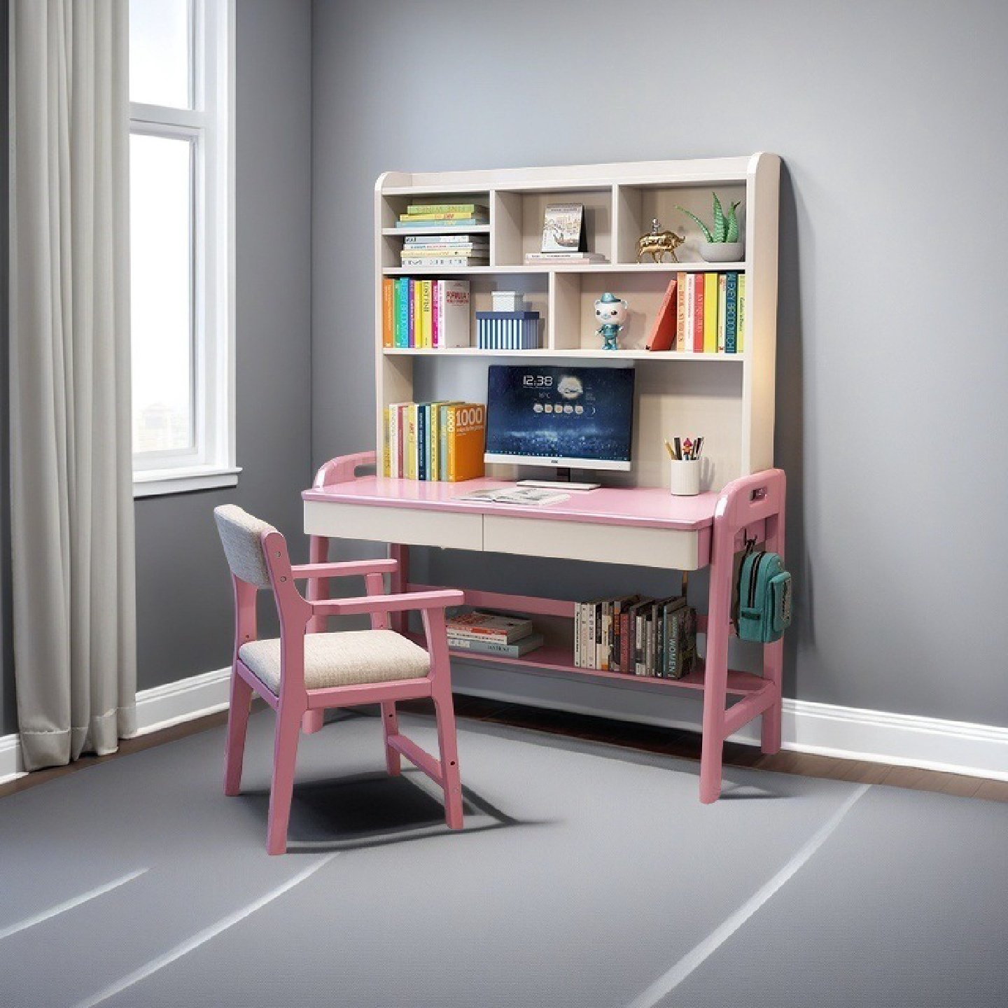 简约现代实木书桌书架一体家用卧室电脑桌初高中学生学习桌带书柜