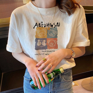 白色卡通小熊印花短袖 T恤女士宽松ins潮纯棉上衣圆领卡通动漫夏季