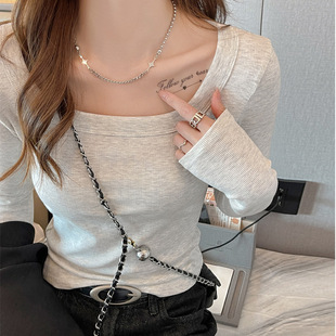 长袖 螺纹方领春秋冬打底衫 可外穿内搭上衣女高级感莫代尔t恤修身