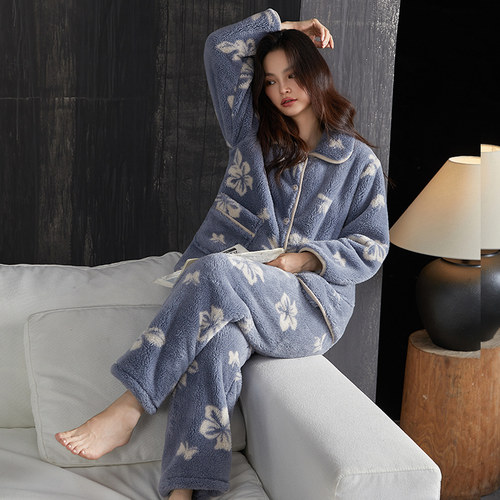 女款印花加厚加绒保暖翻领睡衣