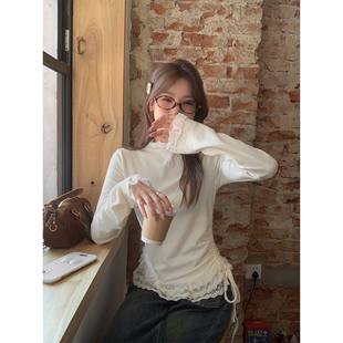 打底衫 夏珍 木耳边半高领修身 蕾丝花边磨毛加绒内搭长袖 女冬 法式