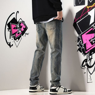弹力修身 子男士 直筒2024春秋新款 做旧夏季 复古美式 长裤 高街牛仔裤