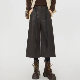 复古咖色PU皮裤阔腿裤女款2025新款秋冬高腰抽绳七分八分直筒靴裤
