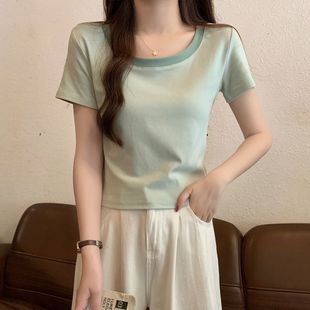 浅绿色小清新撞色圆领打底衫女夏季小个子短袖T恤修身别致短上衣