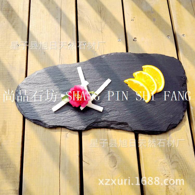供应笋尖形黑色托盘餐盘工艺石材创意复古异形石板盘岩石盘摆盘