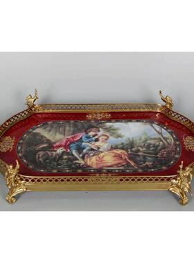 法式复古茶盘水果盘欧式家用铜加陶瓷宫廷红色蓝色金色镜面托盘