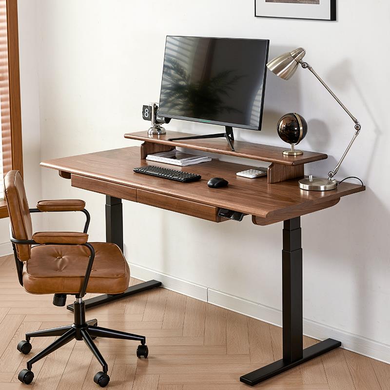 9W北美黑胡桃木电动升降桌智能实木办公书桌站立式电脑桌电竞工作